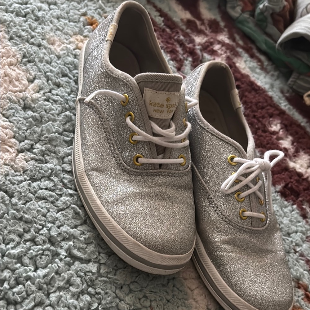 kate spade Silver Glitter Low-Top Sneakers with Gold Eyelets. Limited Edition